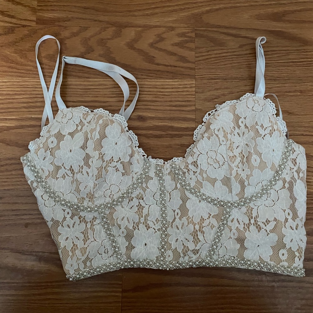 Windsor corset cropped top - white lace with pearl embellishments